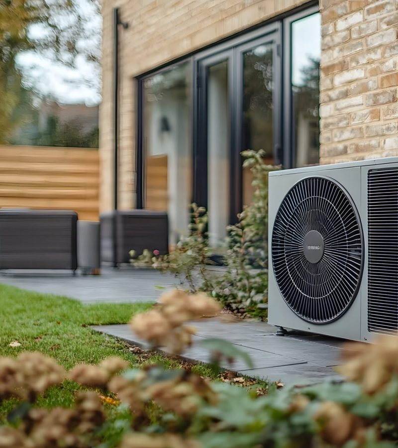 Air source heat pump installed outside a newly developed home